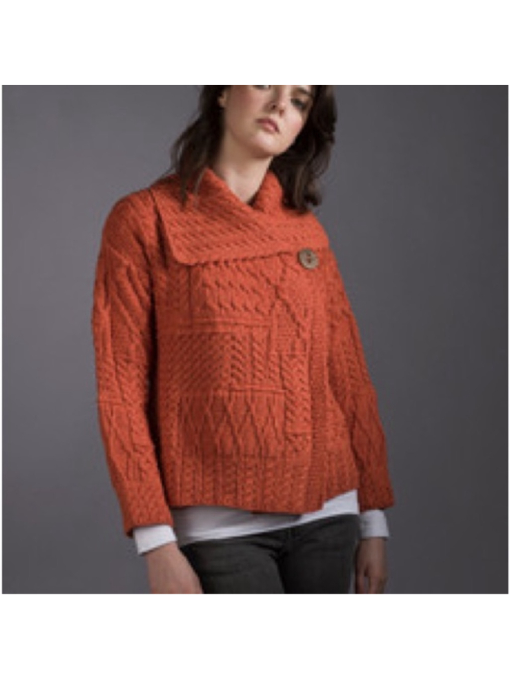ARAN WOOLEN MILLS Merino Wool One Button Cardigan Sweater Orange L